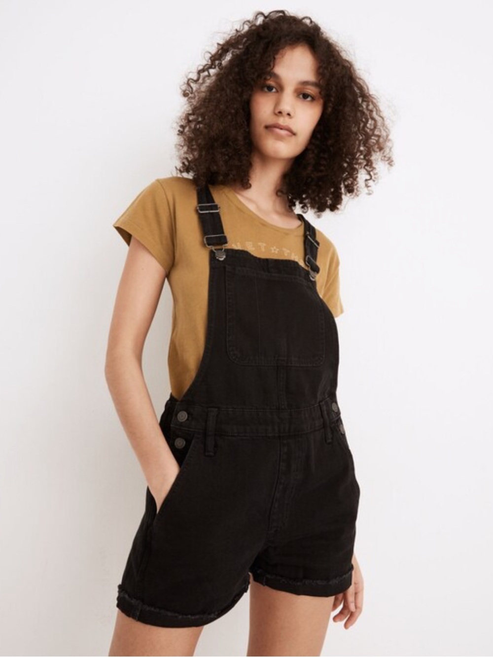 Madewell Black Denim Short Overalls with Mustard Tee